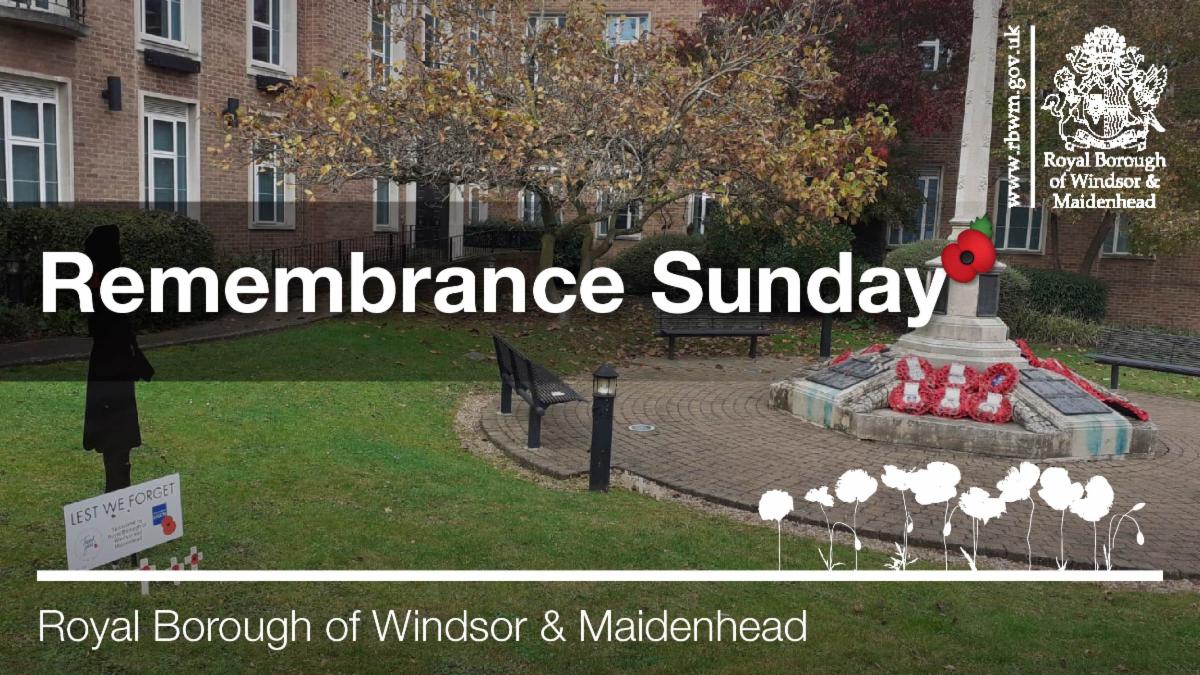 Photo of the War Memorial with wreaths laid at its base outside the Town Hall in Maidenhead. Remembrance Sunday. Royal Borough of Windsor and Maidenhead.