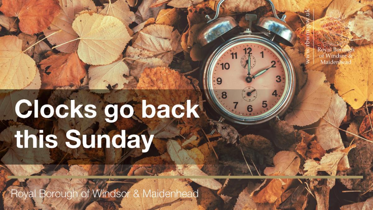 Graphic with clock showing two o'clock surrounded by brown and orange autumn leaves. Clocks go back this Sunday