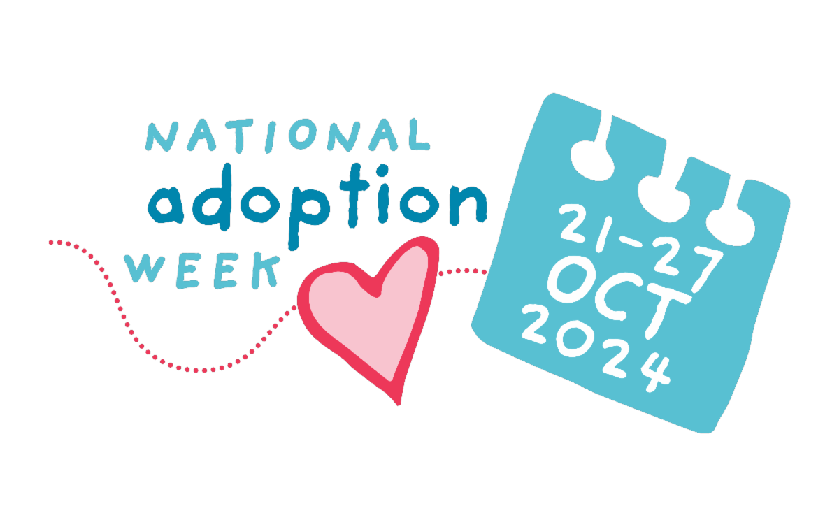 Logo with heart and calendar graphic says National Adoption Week 21-27 October 2024