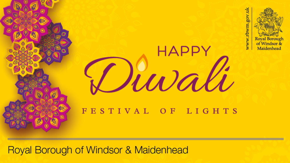 Yellow happy Diwali grpahic with rangoli flower patterns. Royal Borough of Windsor and Maidenhead