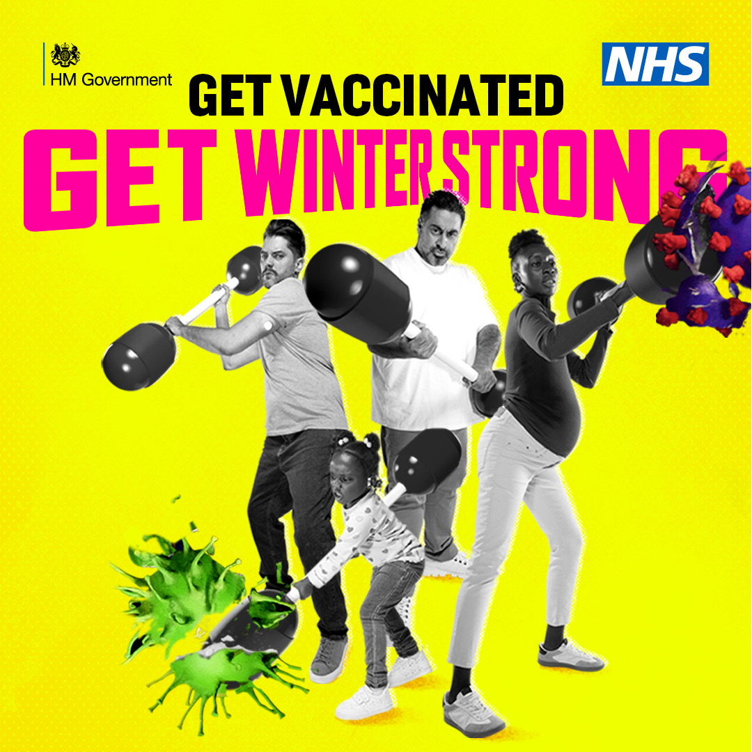 Yellow UK Government and NHS graphic. Get vaccinated, get winter strong. Cut out style images of different people hitting away germs