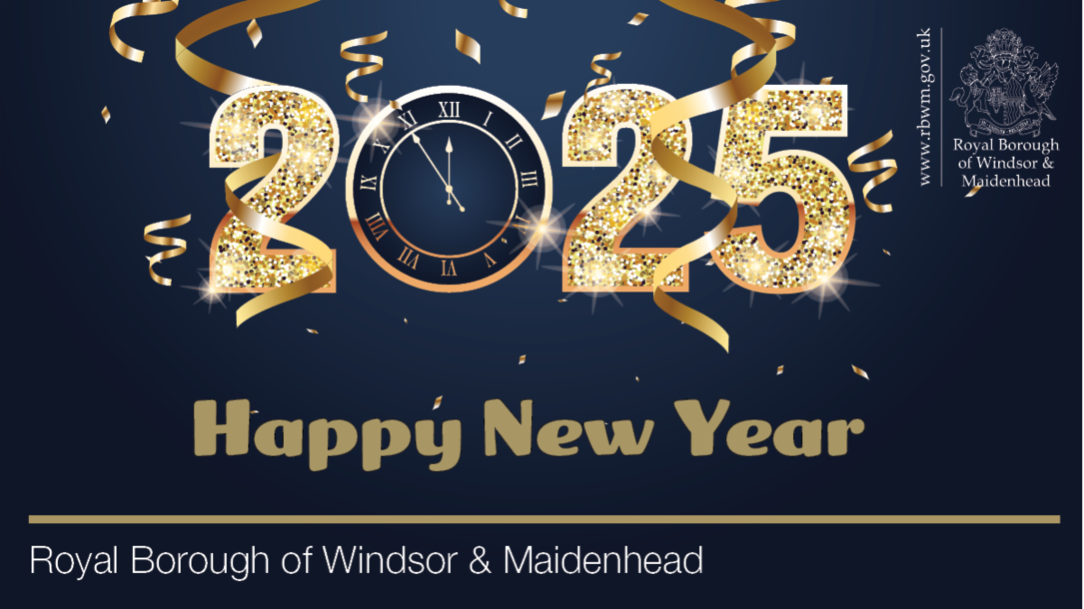 Happy New Year graphic with golden decorations. Royal Borough of Windsor and Maidenhead